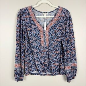Lucky Brand Top Womens Small Red Blue Floral V-Neck Long Sleeve Western Boho